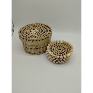 Rattan Basket With 5 Drink Coasters Cowrie Shells Boho Beach Tiki Bar Handmade